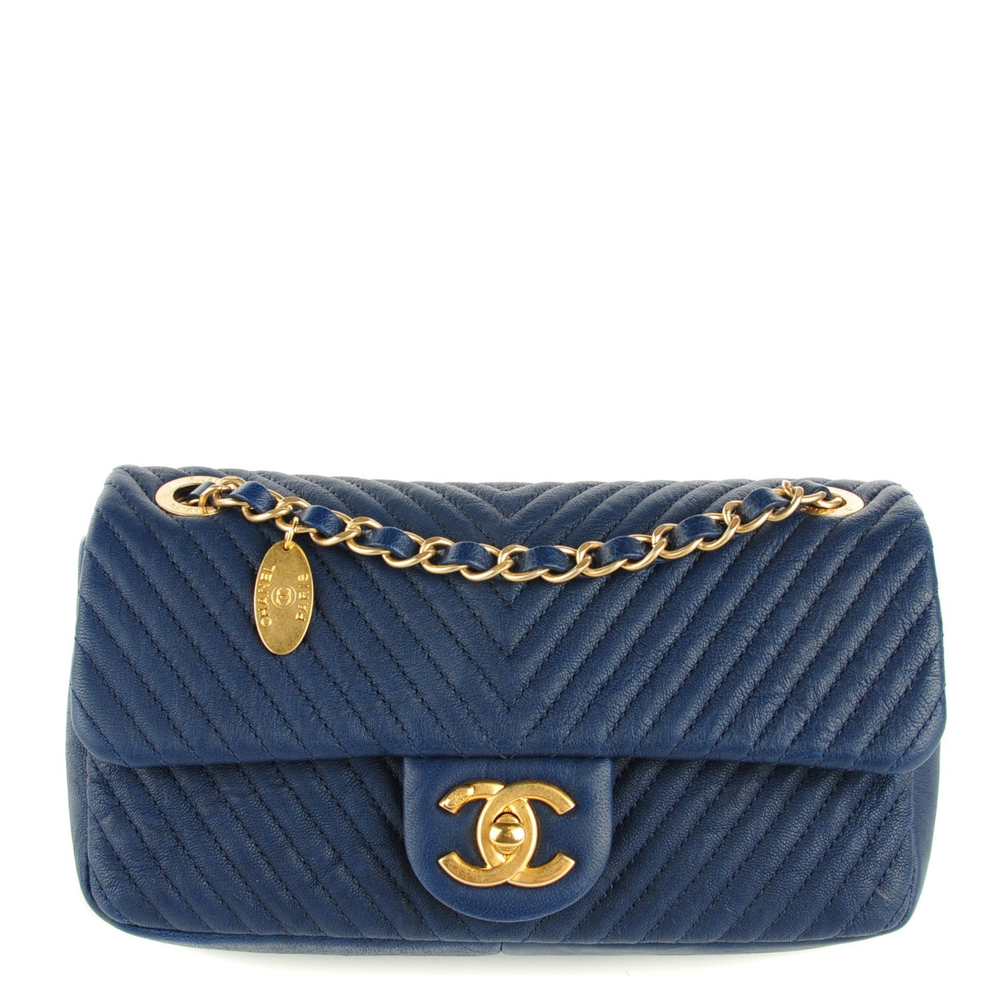 Lambskin Chevron Quilted Small Flap Navy Blue