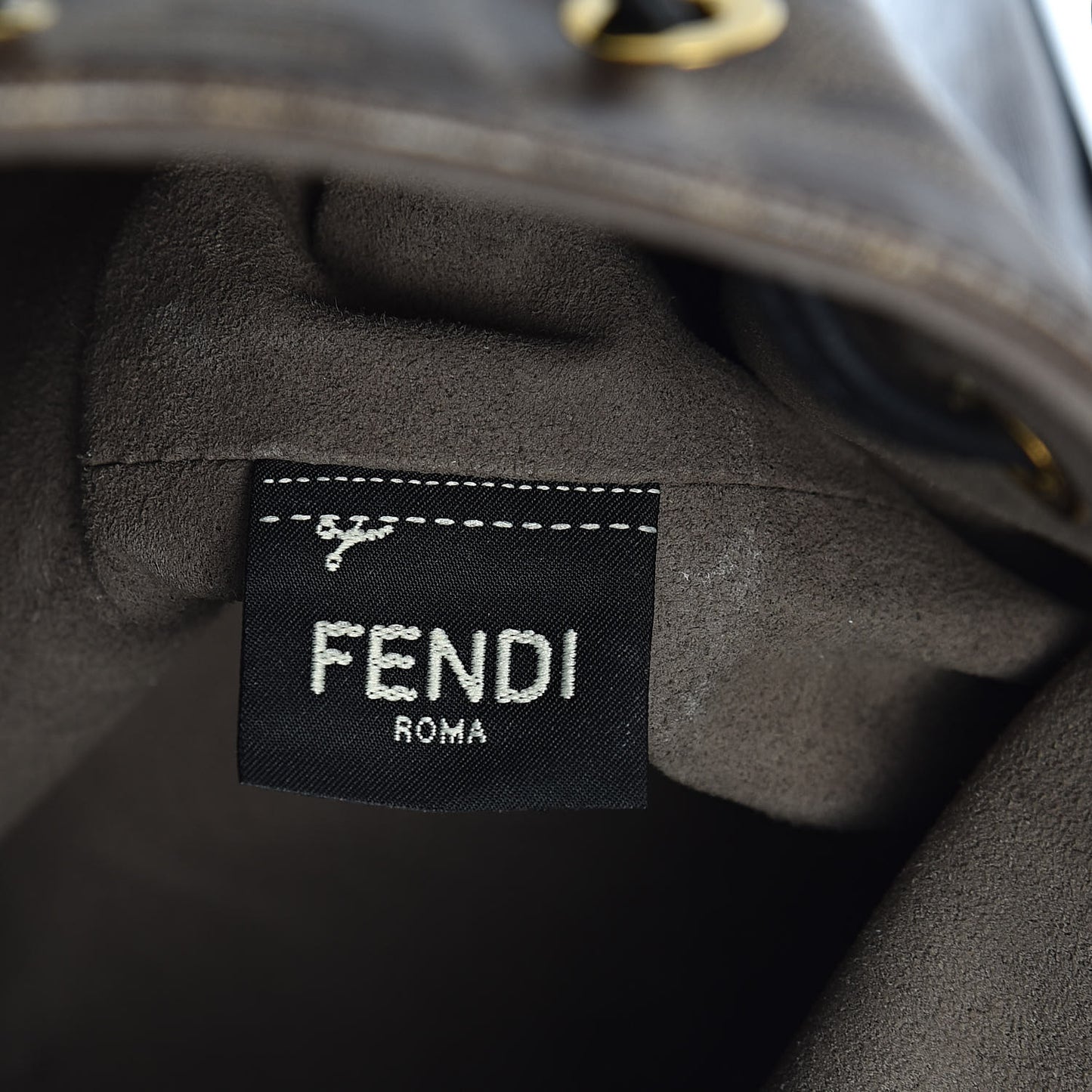 Glazed Fabric Vitello Grace F is Fendi FF 1974 Stamp Patch Grande Mon Tresor Bucket Bag Mogano Panna Black
