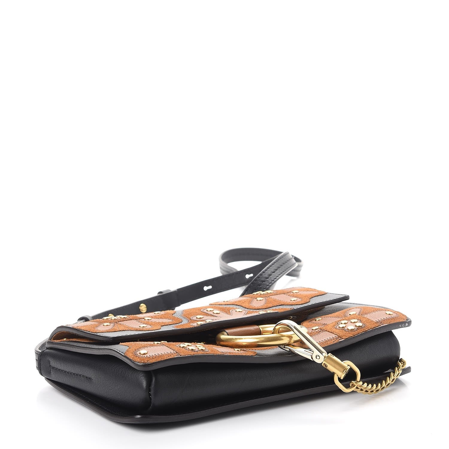 Chloe Suede Calfskin Floral Patchwork Studded Small Faye Shoulder Bag Black Brown 4 of 8