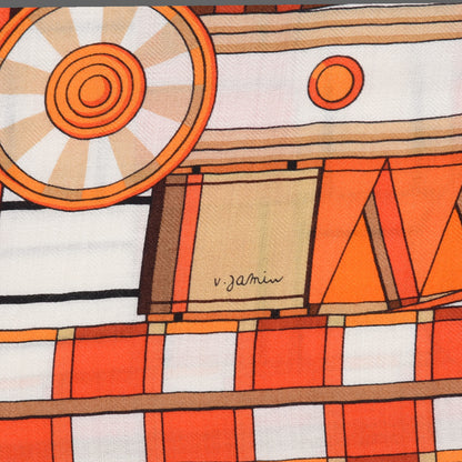 Hermes Cashmere Silk Voltes Et Pirouettes Shawl 140 Orange White Vermillion 3 of 4