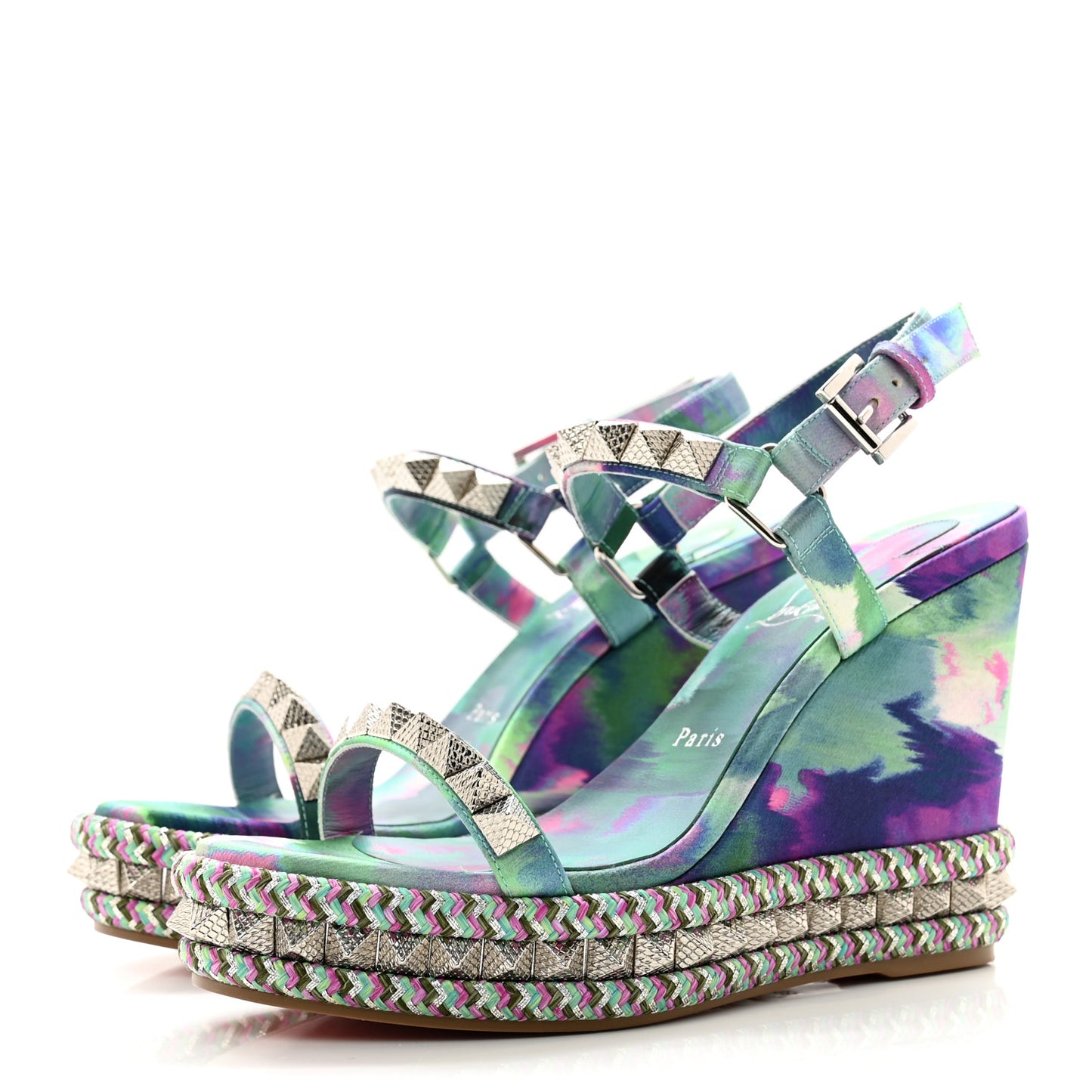 Silk Spike Studded Watercolor Pyraclou 110 Wedge Sandals 38 Green Fuschia