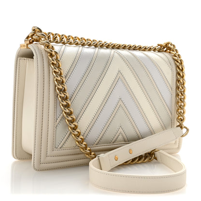 Chanel Caviar Calfskin Shiny Calfskin Chevron New Medium Boy Flap White 3 of 12