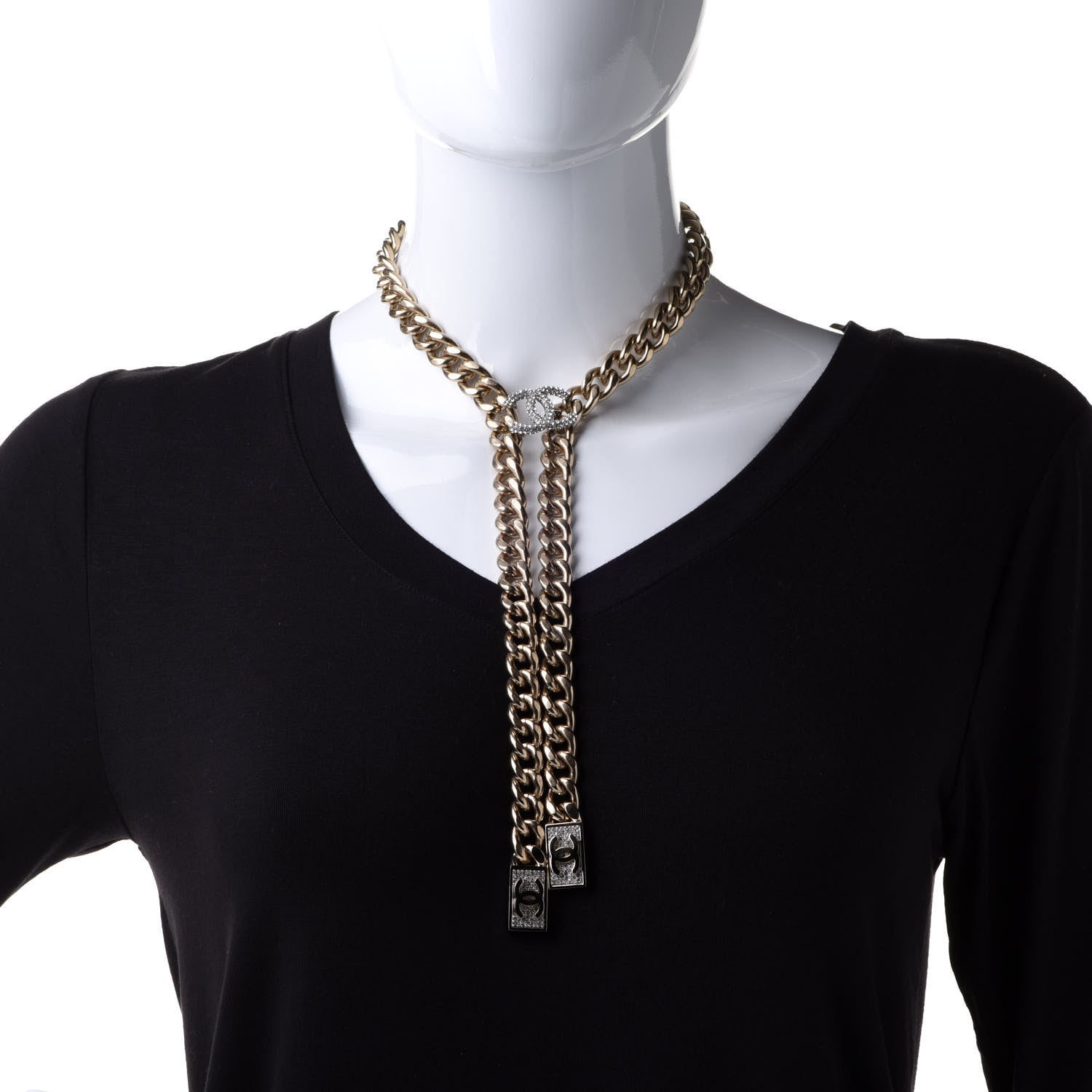Chanel Chain Link Crystal CC Dog Tag Charm Necklace Gold 2 of 7