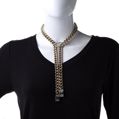 Chanel Chain Link Crystal CC Dog Tag Charm Necklace Gold 2 of 7