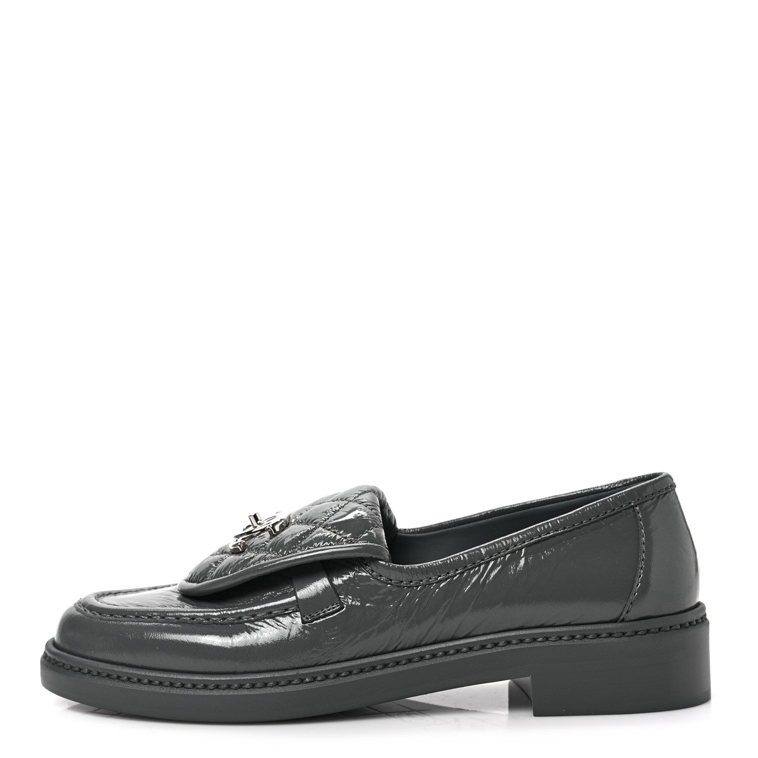 Chanel Crumpled Shiny Lambskin Quilted CC Turnlock Loafers 36.5 Dark Grey 1 of 9