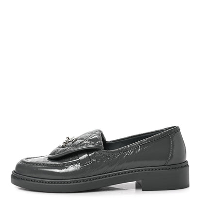 Chanel Crumpled Shiny Lambskin Quilted CC Turnlock Loafers 36.5 Dark Grey 1 of 9