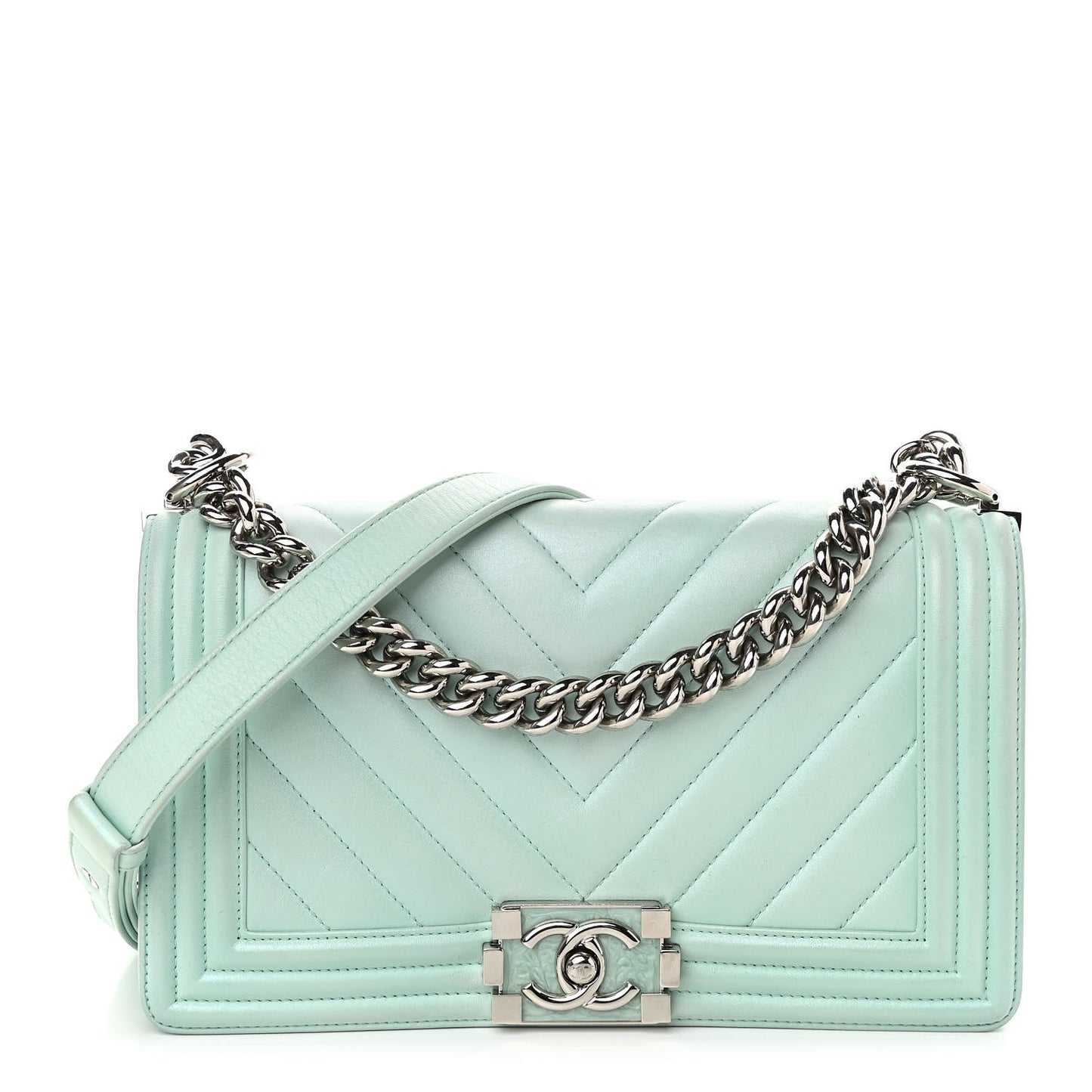 Iridescent Lambskin Chevron Quilted Medium Boy Flap Turquoise