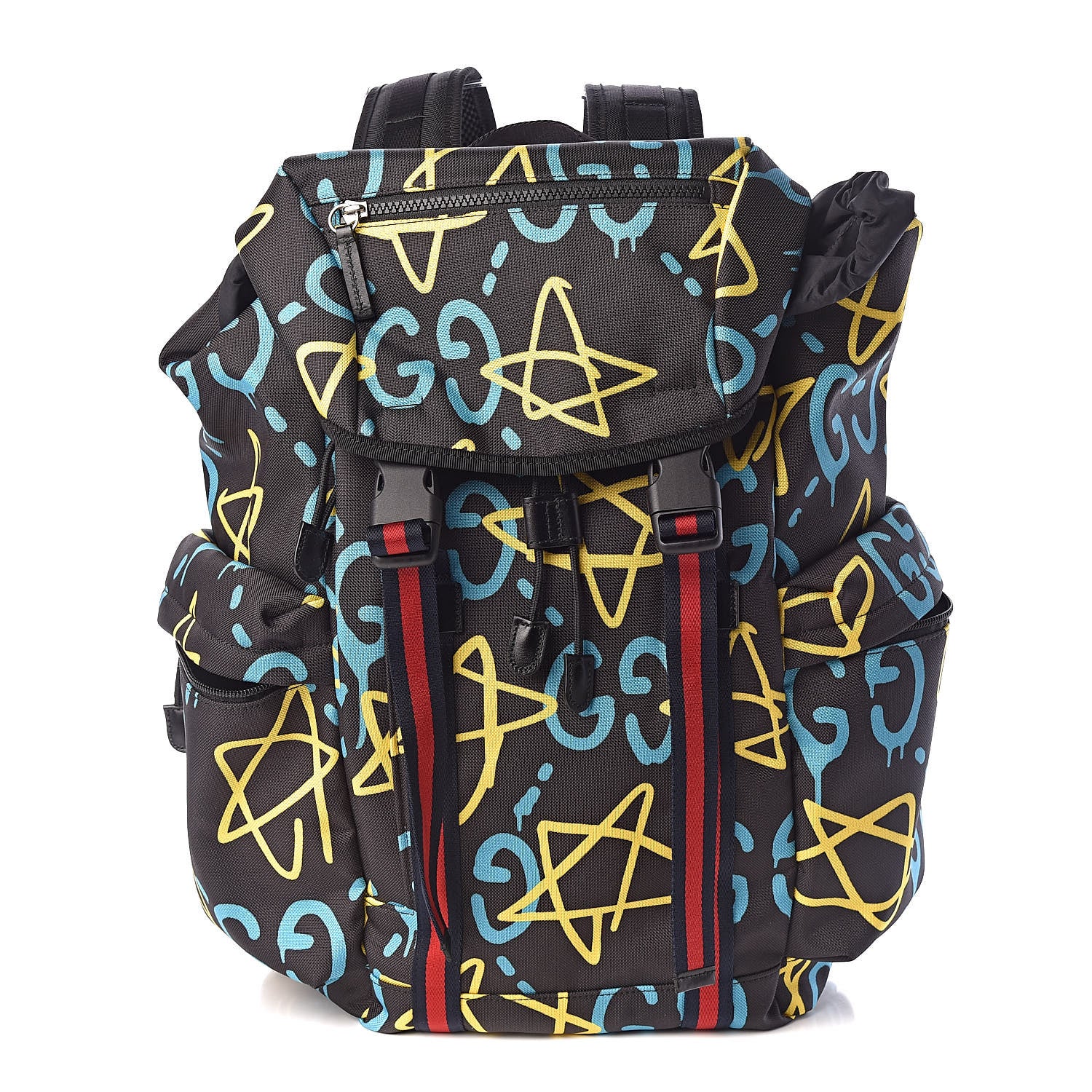 Gucci Techno Canvas GucciGhost Double Buckle Backpack Black New Acquamarine 1 of 11