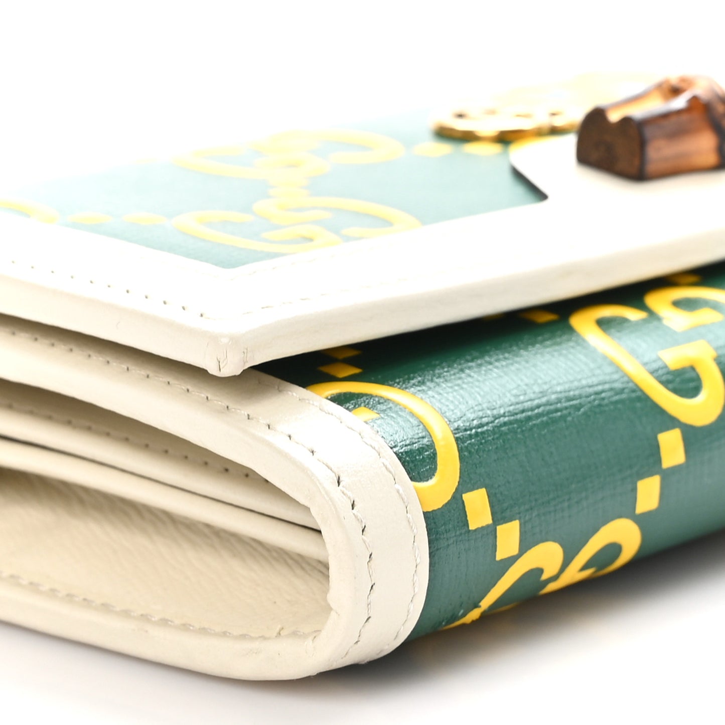 Azalea Calfskin GG Monogram Bi-Color Debossed Diana Chain Wallet Emerald Stone Topaz Mystic White