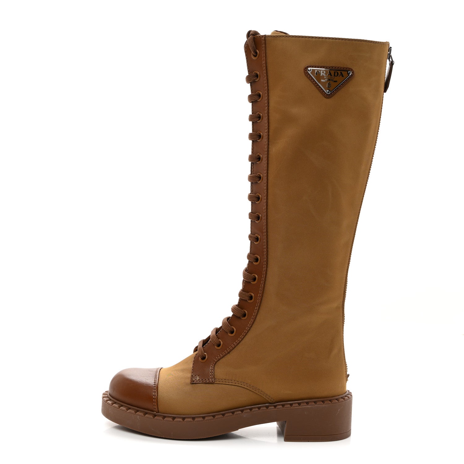 Prada Re-Nylon Spazzolato Rois Metal Triangle Logo Tall 50mm Combat Boots 35 Tobacco Brown 1 of 8