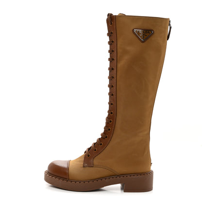 Prada Re-Nylon Spazzolato Rois Metal Triangle Logo Tall 50mm Combat Boots 35 Tobacco Brown 1 of 8