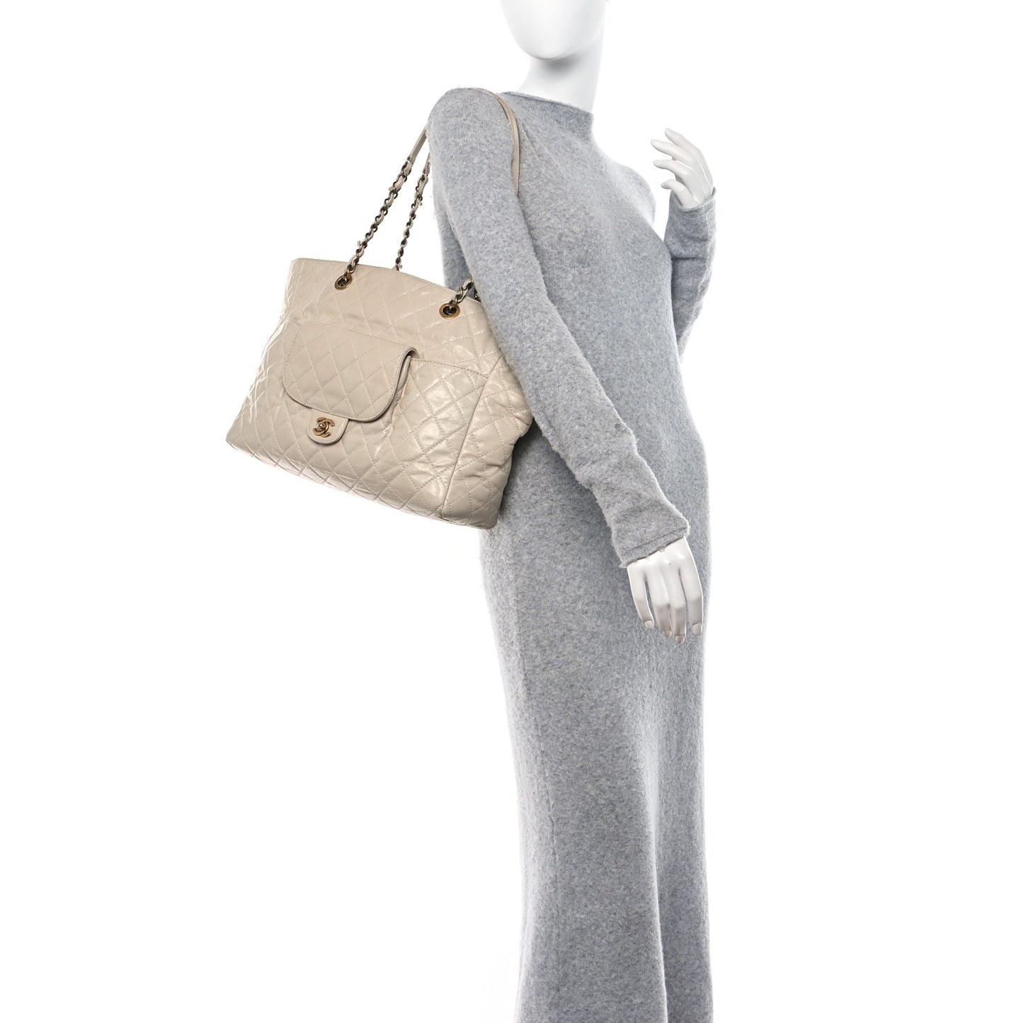 Glazed Calfskin Quilted Large Front Pocket Tote Beige
