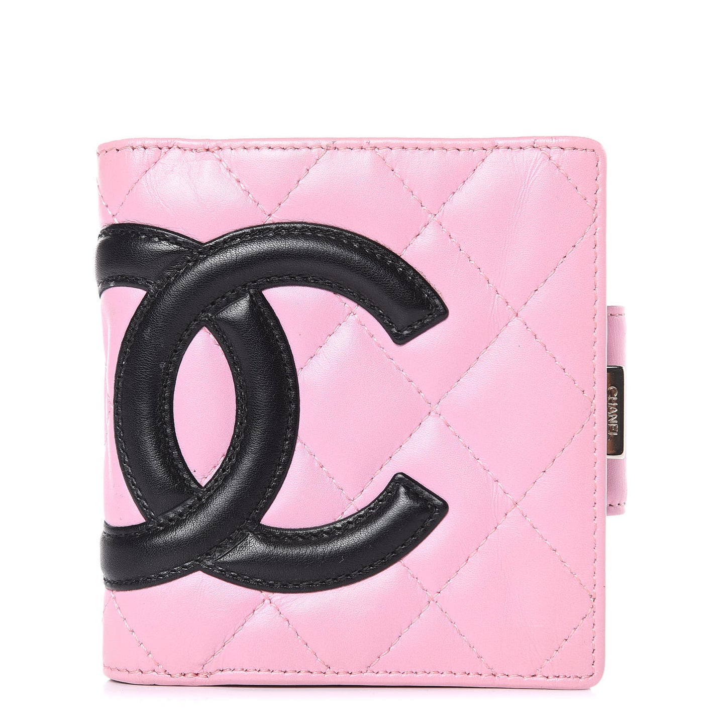 Calfskin Quilted Cambon Bi-Fold Wallet Pink Black