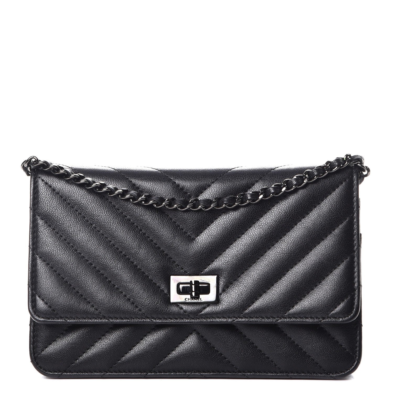 Chanel Sheepskin Chevron Reissue Wallet On Chain WOC So Black 1 of 9