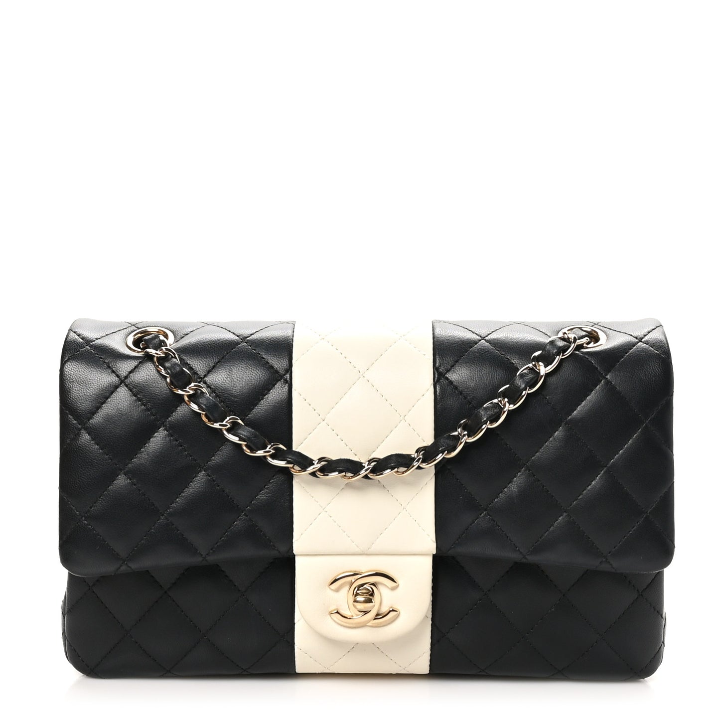 Lambskin Quilted Medium Double Flap Black White