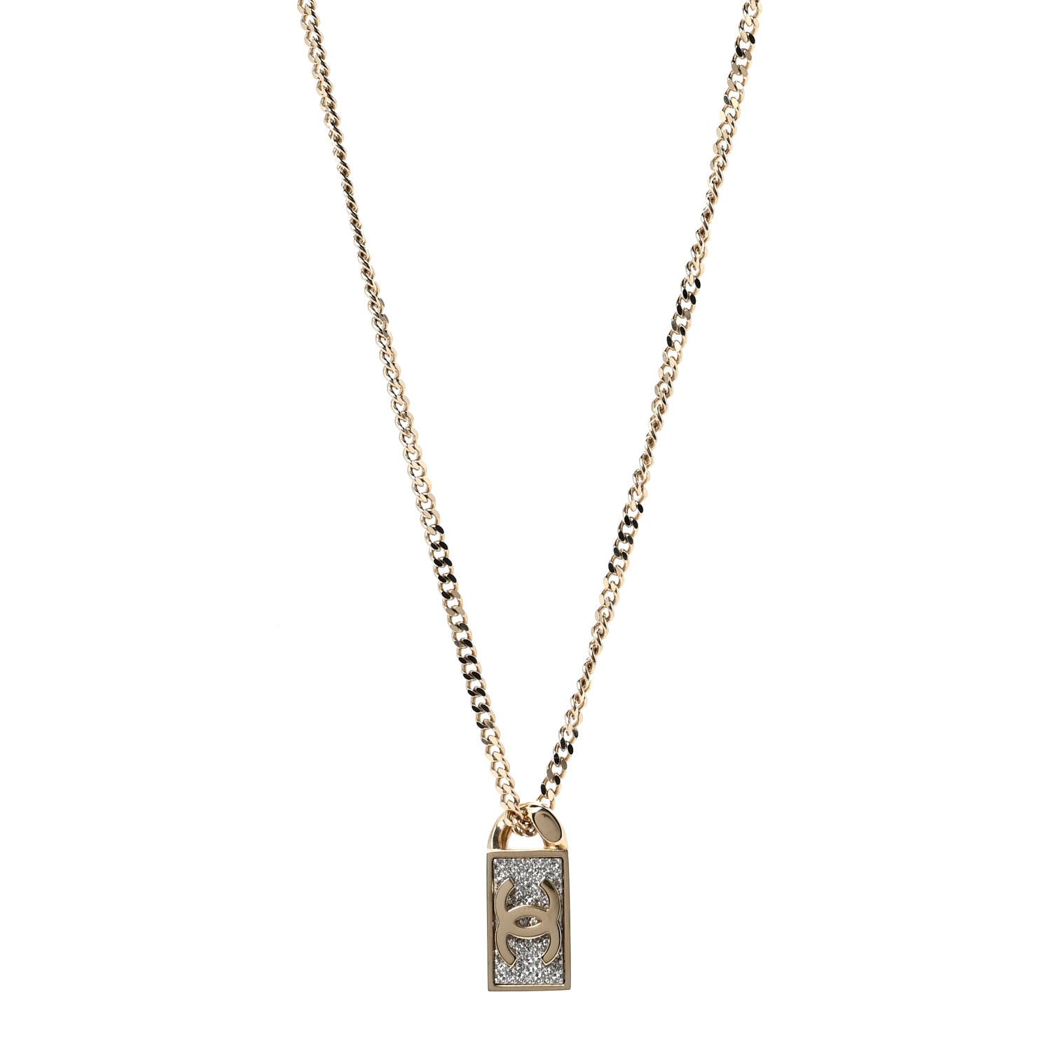 Chanel Crystal Dog Tag Charm Necklace Gold 1 of 6