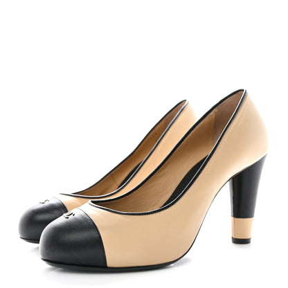 Chanel Lambskin Cap Toe Pumps 39 Beige Black 3 of 9