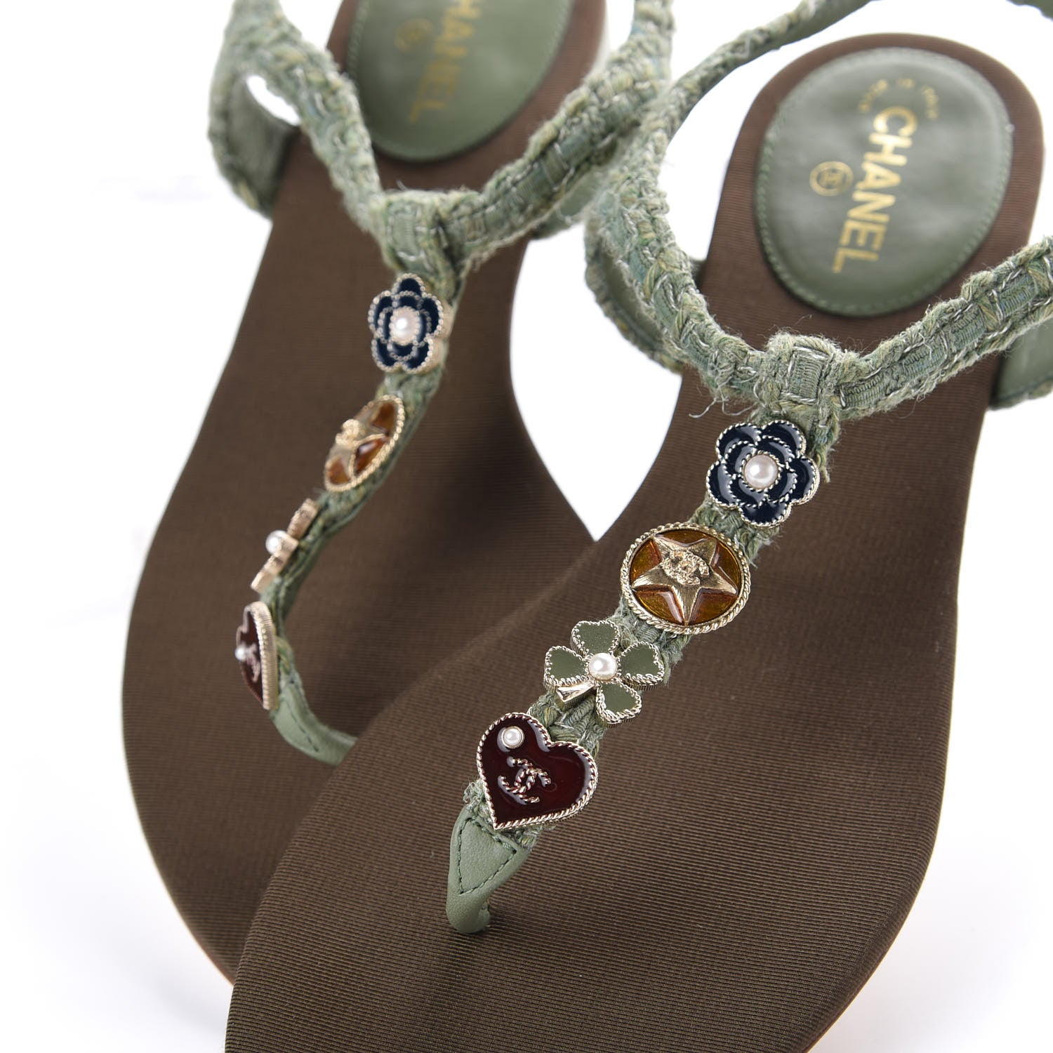 Chanel Tweed CC Charm Thong Sandals 36.5 Dark Green 10 of 11