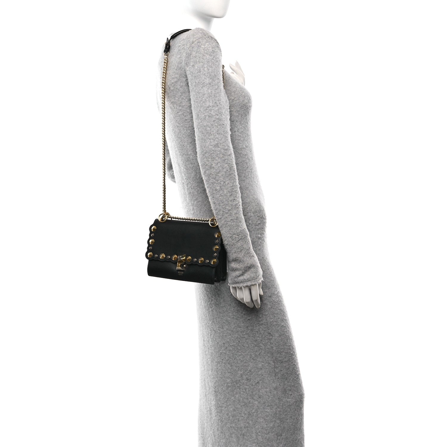 Fendi Vitello Liberty Metal Scalloped Multi Studded Small Kan I Shoulder Bag Black 2 of 10