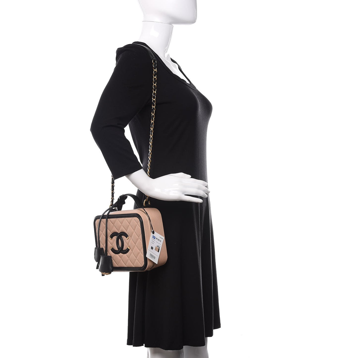 Caviar Quilted Medium CC Filigree Vanity Case Beige Black
