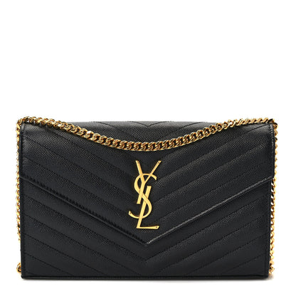 Saint Laurent Grain De Poudre Matelasse Chevron Monogram Chain Wallet Black 1 of 9
