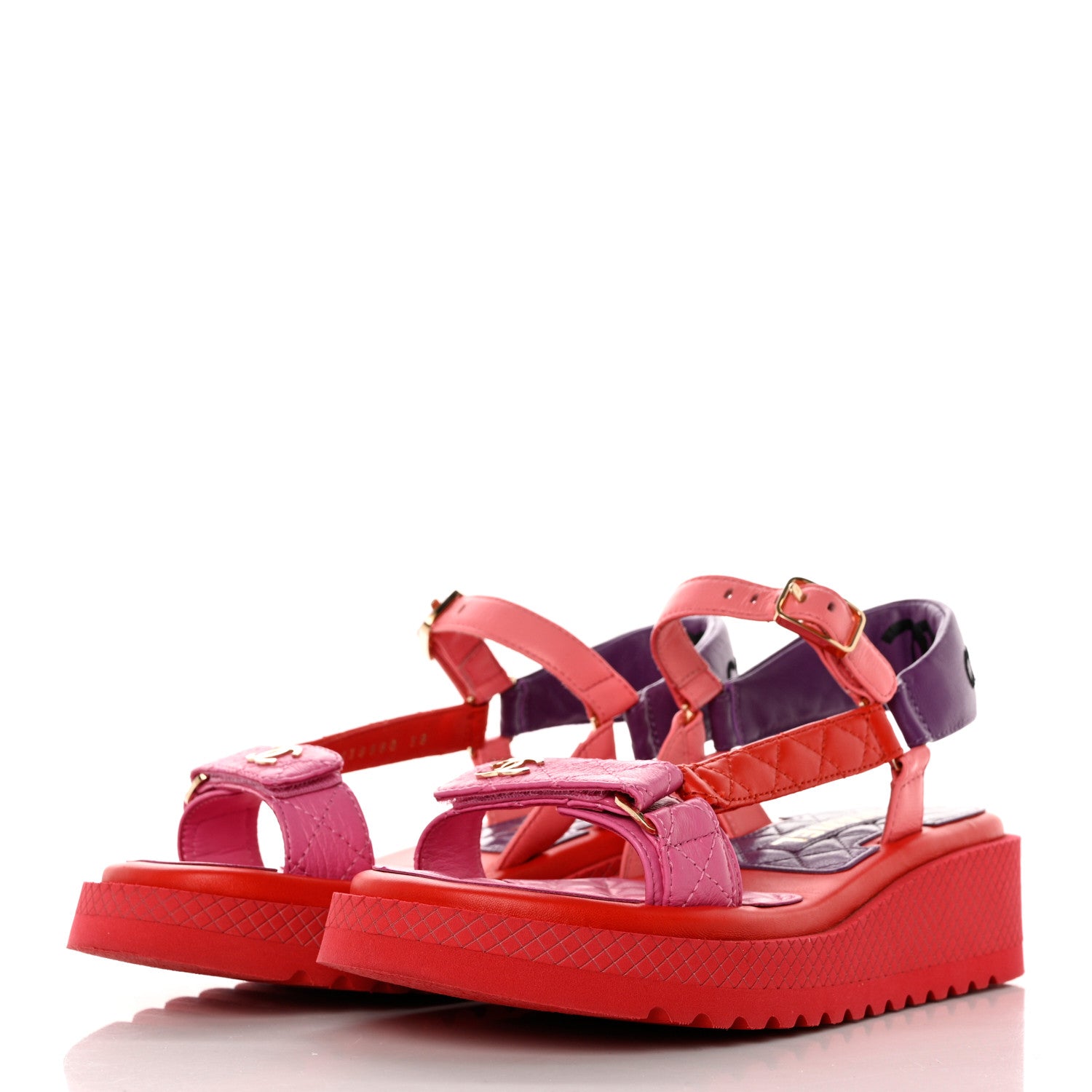 Chanel Lambskin Logo Platform Sandals 38 Red Purple Orange 3 of 9