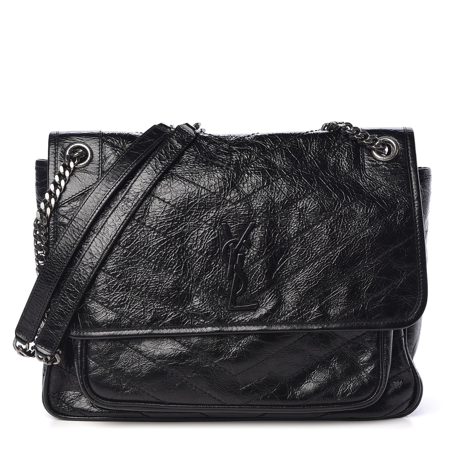 Crinkled Calfskin Matelasse Monogram Large Niki Chain Satchel Black