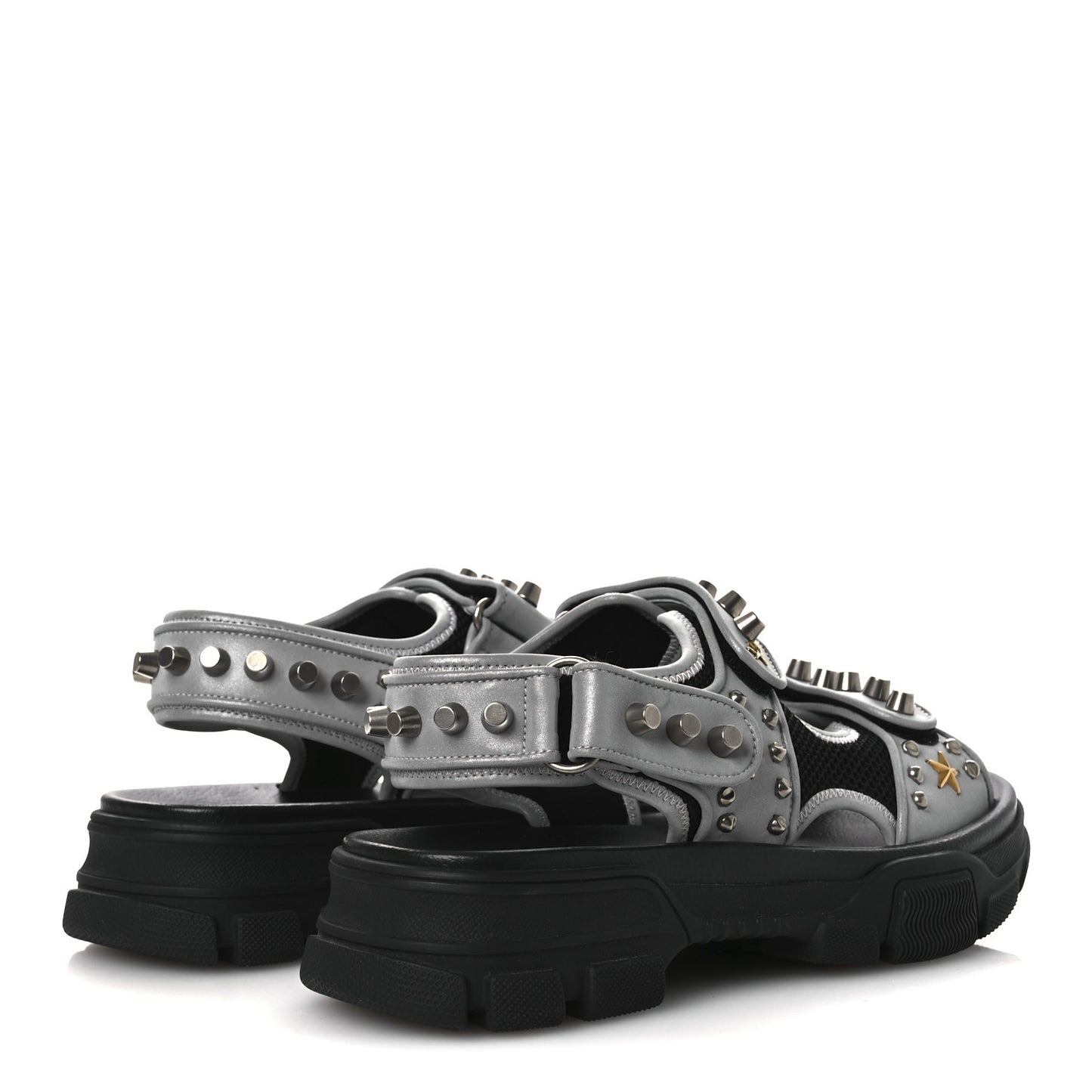 Technical Canvas Calfskin Reflective Studded Mens Aguru Sandals 6.5 Silver Black