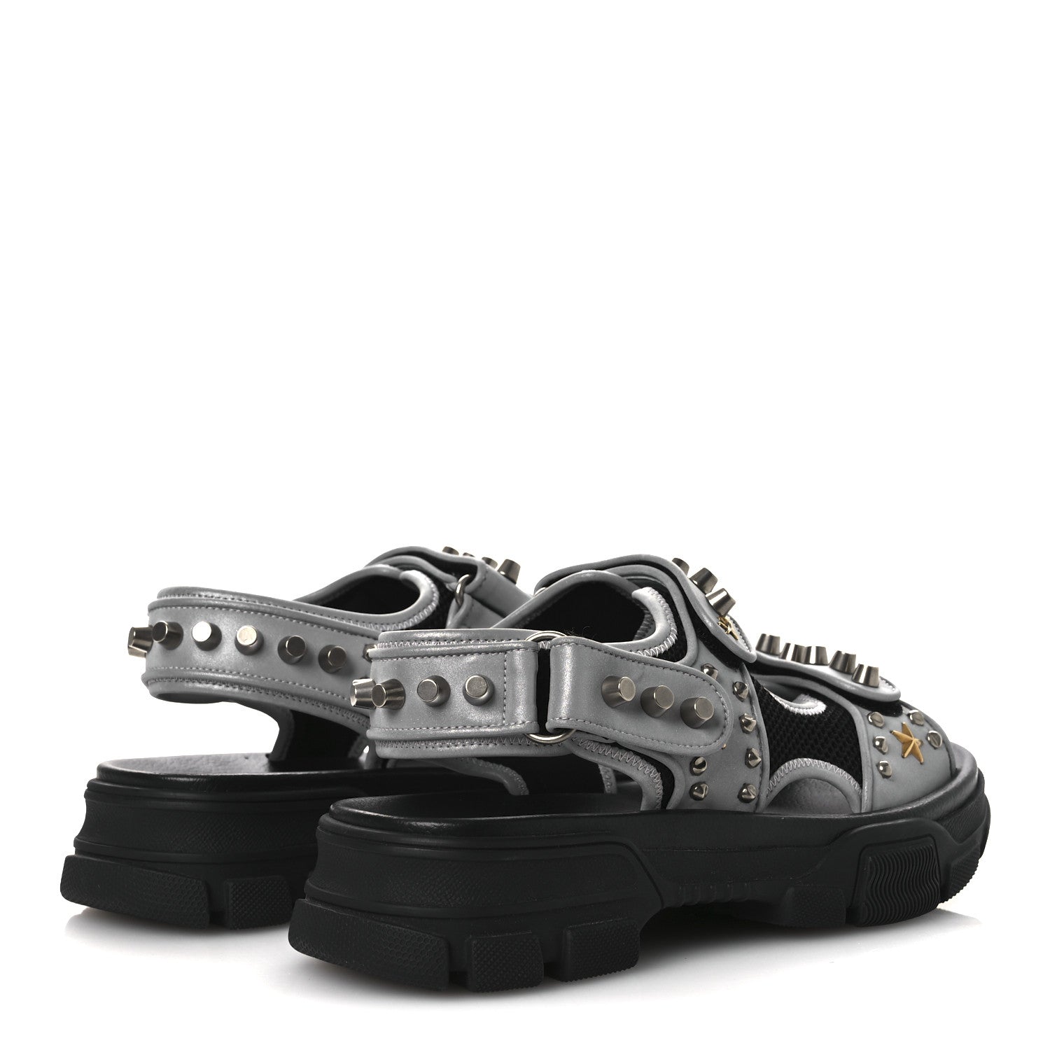 Gucci Technical Canvas Calfskin Reflective Studded Mens Aguru Sandals 6.5 Silver Black 5 of 9