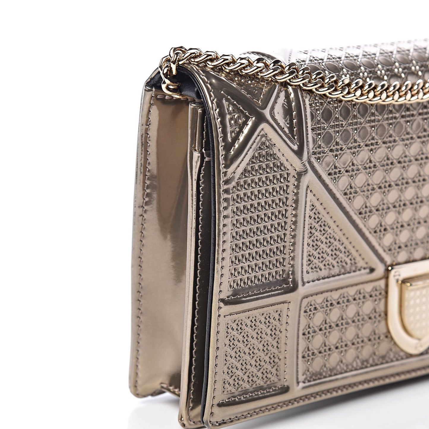 Metallic Patent Micro-Cannage Diorama Wallet on Chain Pouch Gold