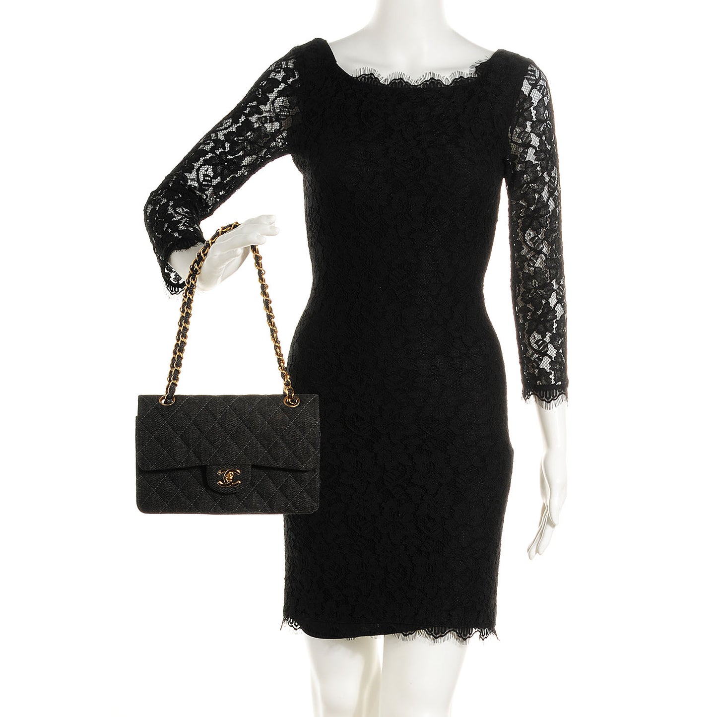 Denim Quilted Small Double Flap Bag Black