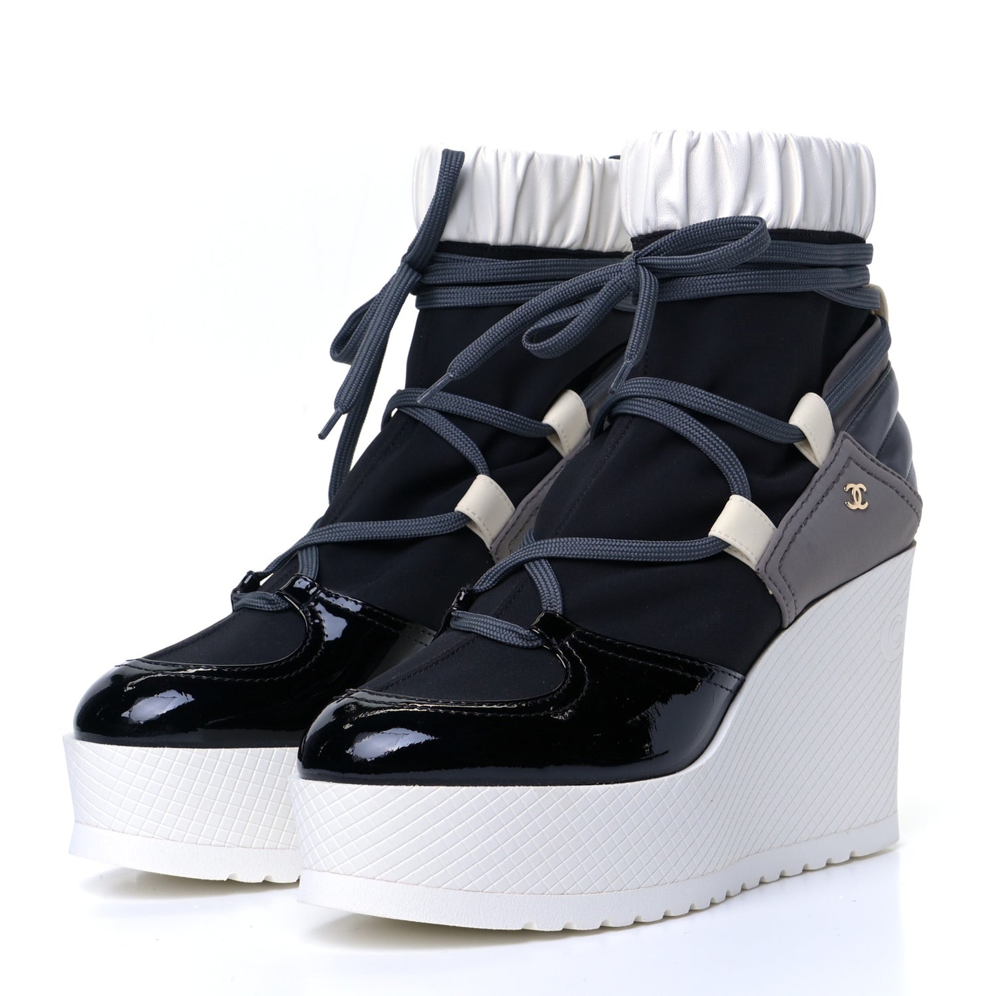 Patent Calfskin Runway Wedge Short Platform Boots 38 Grey White