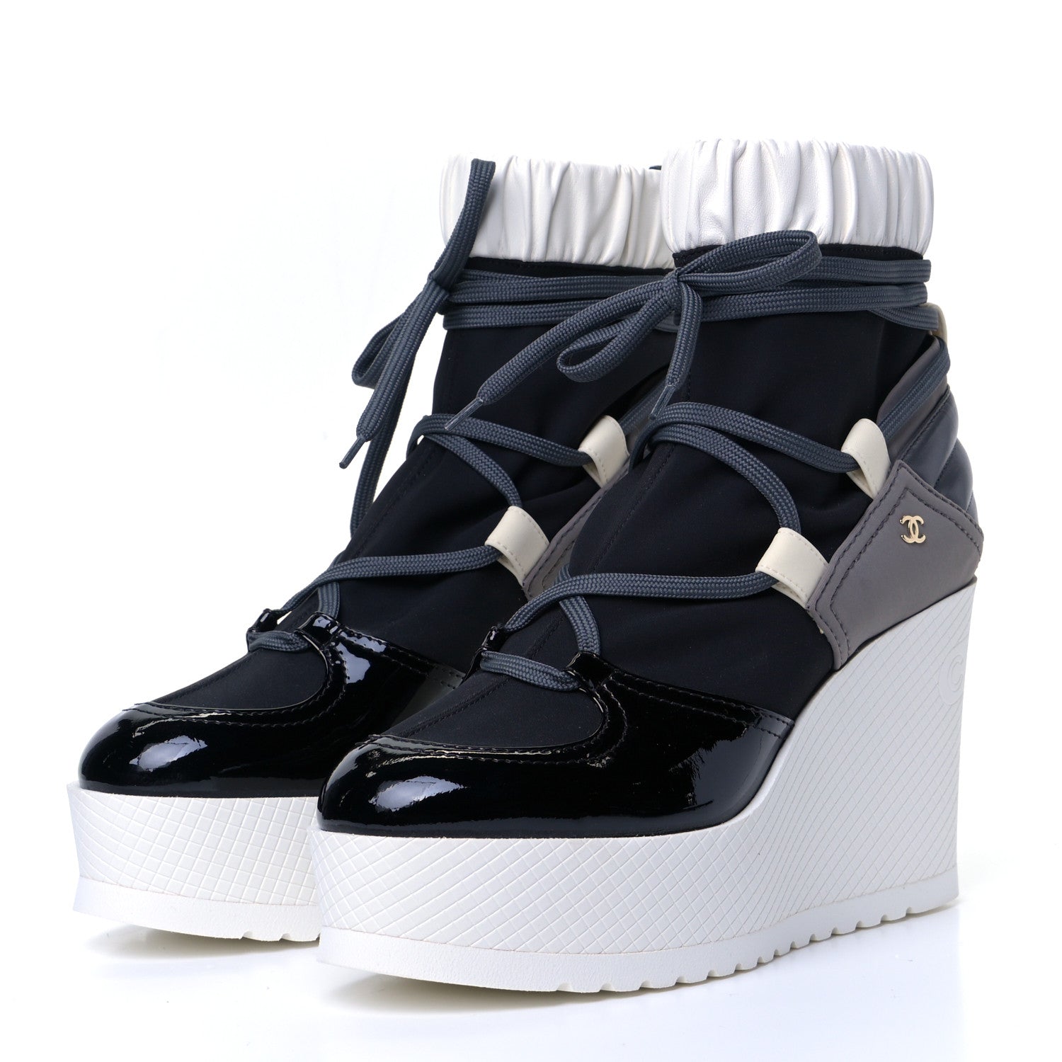 Chanel Patent Calfskin Runway Wedge Short Platform Boots 38 Grey White 3 of 7