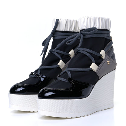 Chanel Patent Calfskin Runway Wedge Short Platform Boots 38 Grey White 3 of 7