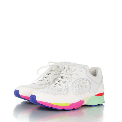 Chanel Suede Calfskin CC Sneakers 38.5 White Pink Green 3 of 7
