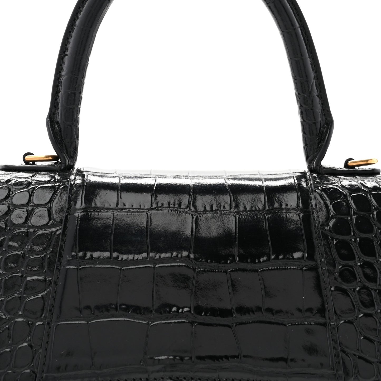 Shiny Calfskin Crocodile Embossed Small Hourglass Top Handle Bag Black