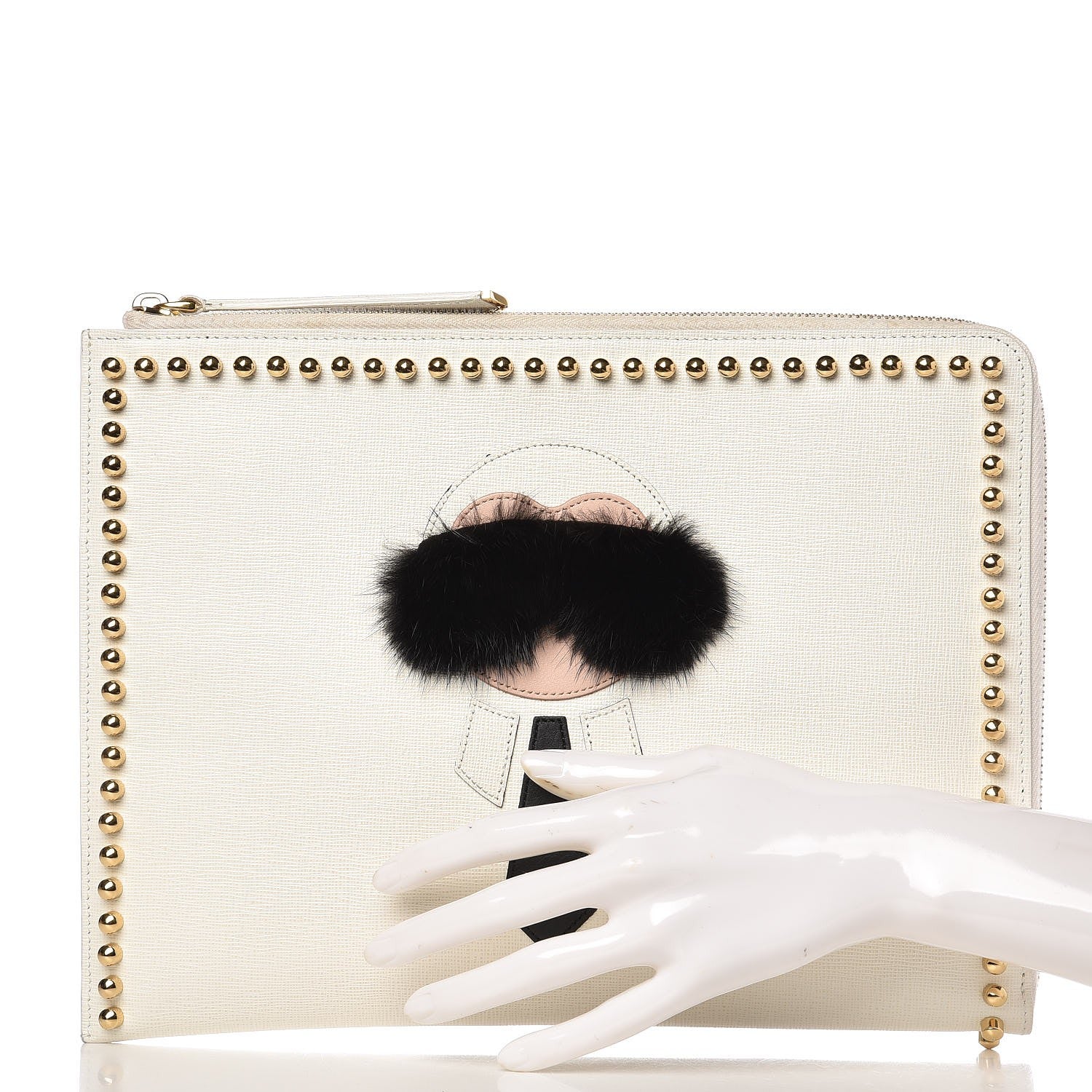 Fendi Vitello Elite Mink Fur Studded Karlito Zip Around Pouch White 2 of 16