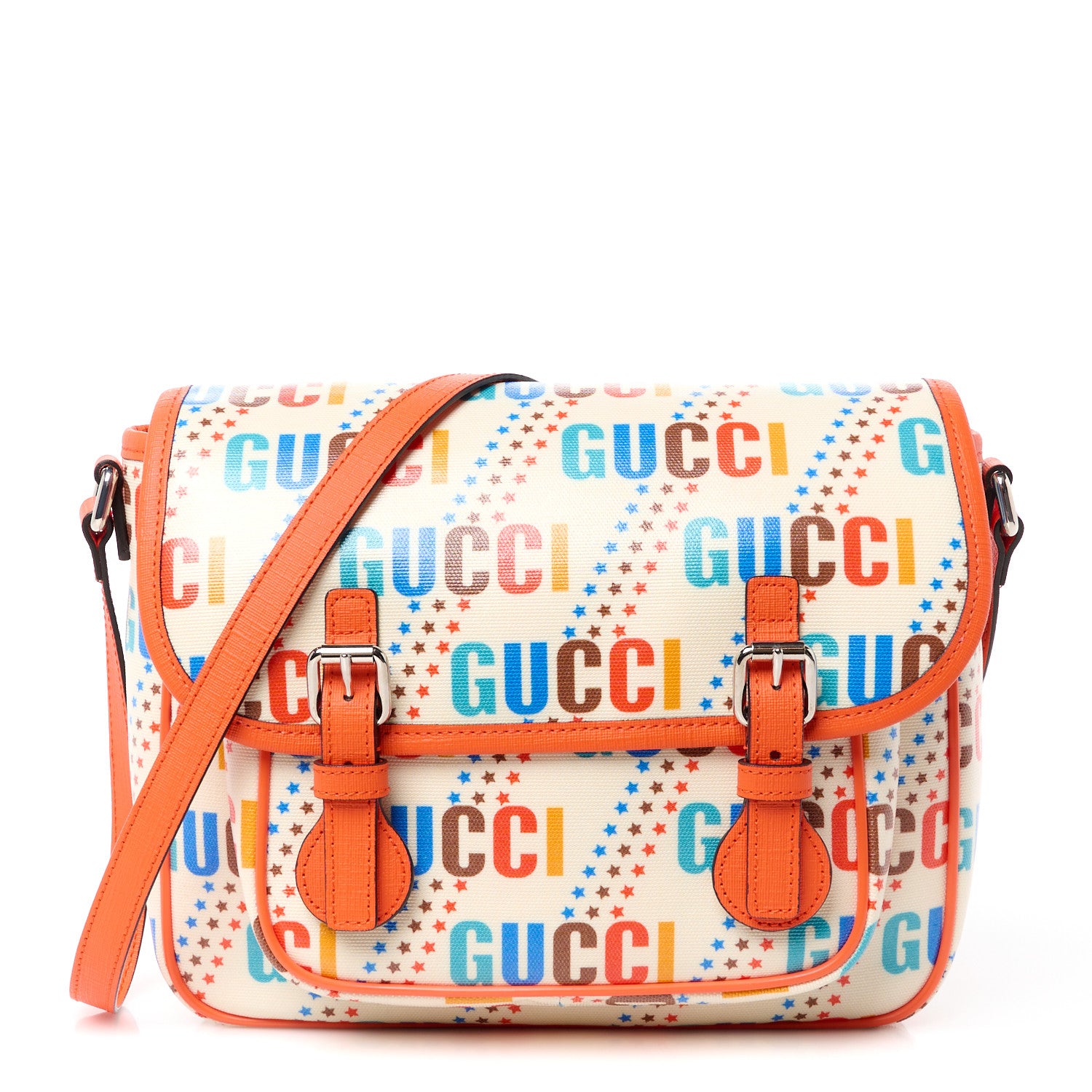 Gucci Coated Canvas Logo Star Print Childrens Messenger Bag Beige Multicolor Vibrant Orange 1 of 10