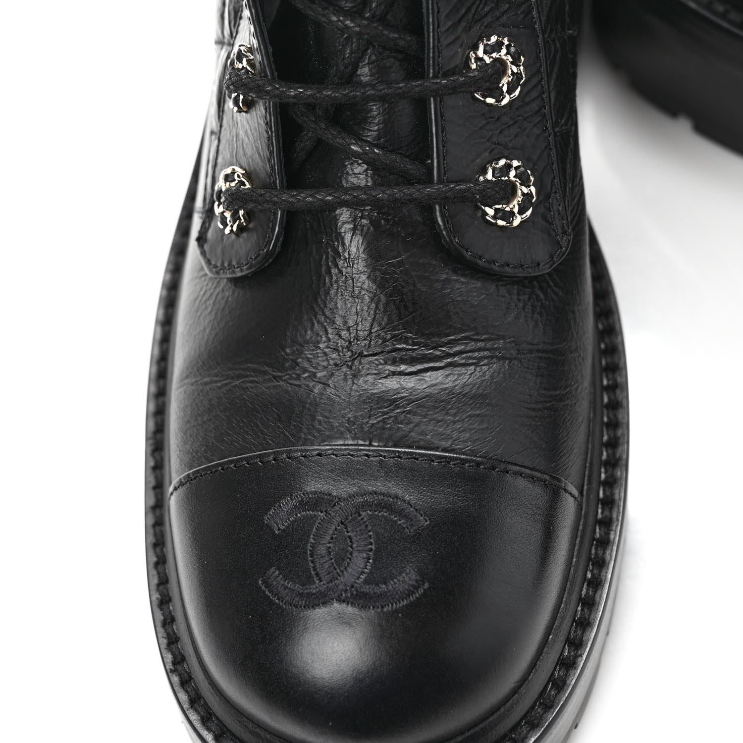 Chanel Shiny Goatskin Calfskin Quilted Lace Up Combat Boots 39 Black 8 of 9