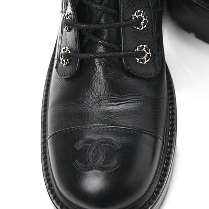 Chanel Shiny Goatskin Calfskin Quilted Lace Up Combat Boots 39 Black 8 of 9