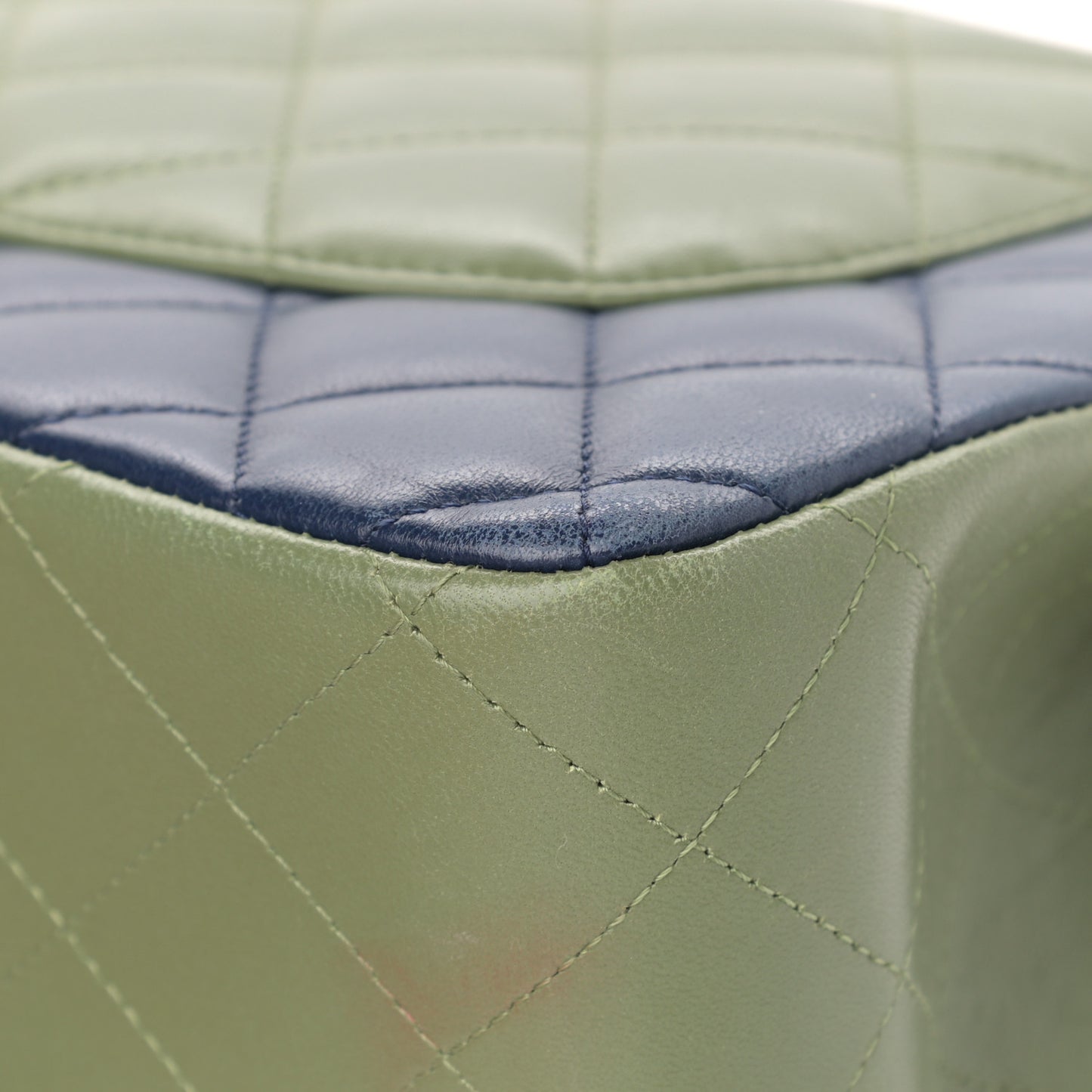 Lambskin Quilted Tri-Color Jumbo Double Flap Navy Blue Green