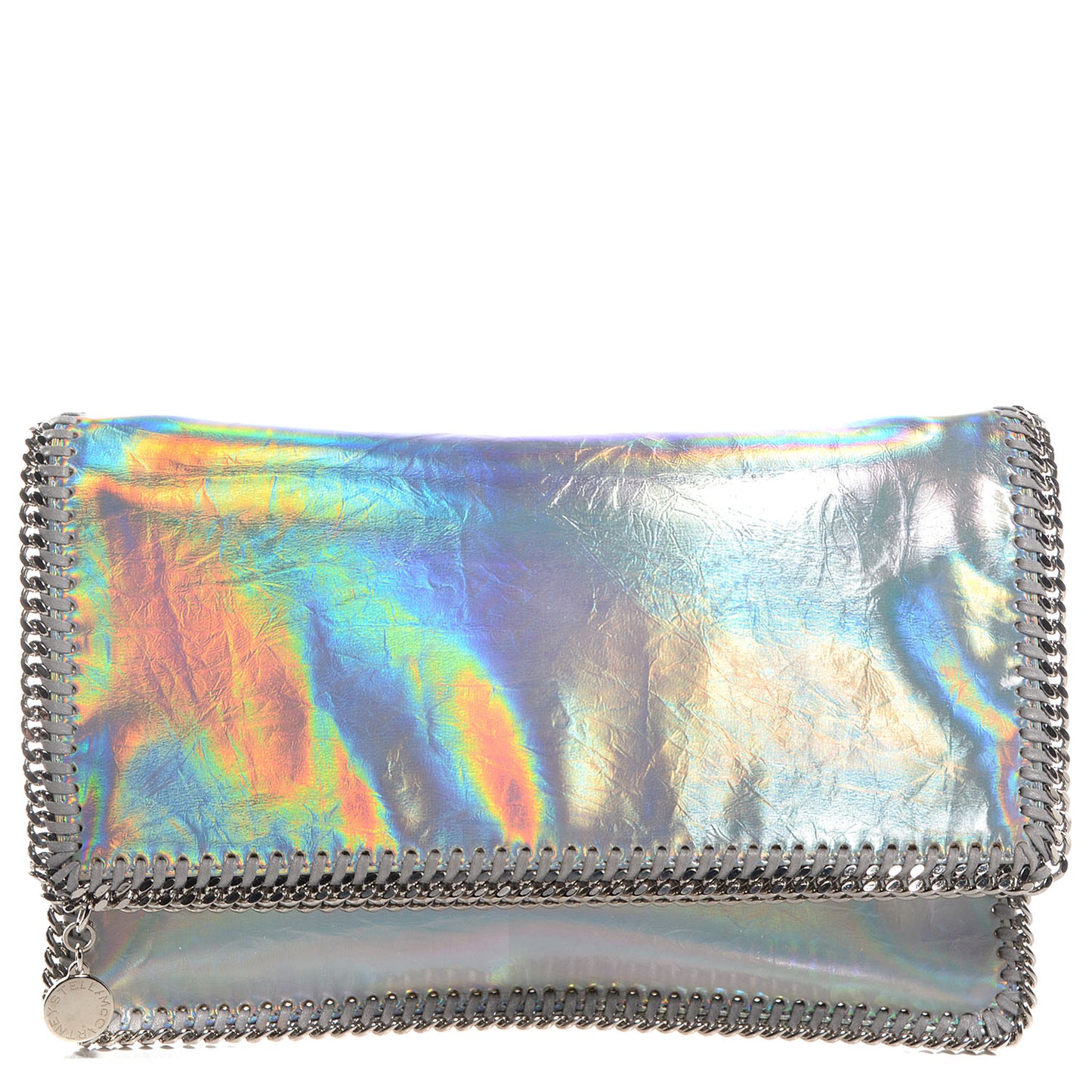 Holographic Faux Leather Fold Over Falabella Clutch Silver