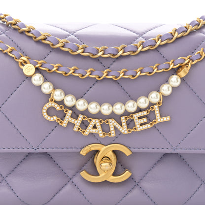 Chanel Shiny Lambskin Quilted Mini Pearl Logo Flap Light Purple 8 of 11