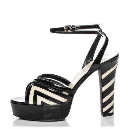 Valentino Garavani Patent Chevron Shiny Fever Ankle Strap 85/115mm Platform Sandals 37 Light Ivory Black 1 of 7