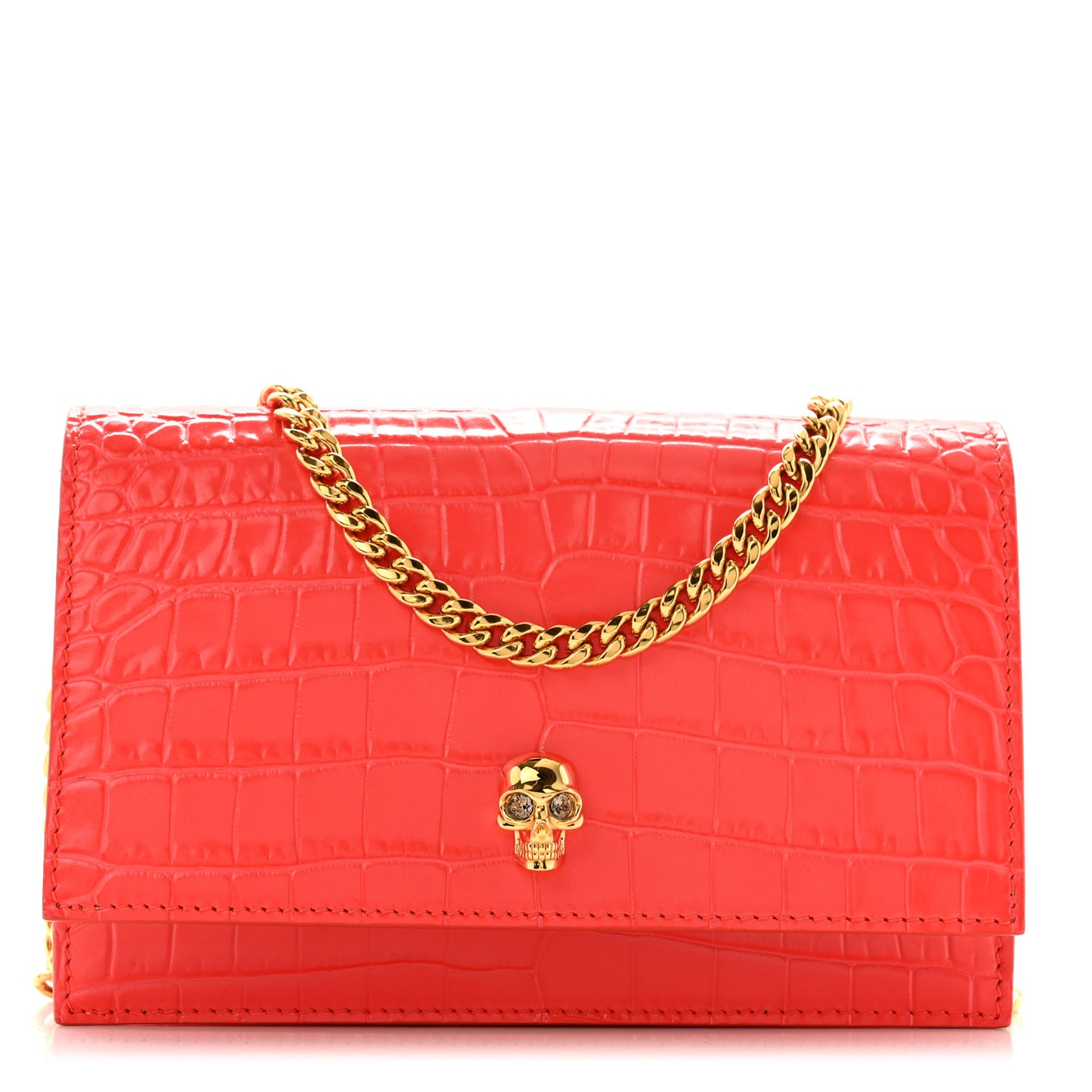 Calfskin Crocodile Embossed Skull Mini Crossbody Bag Coral