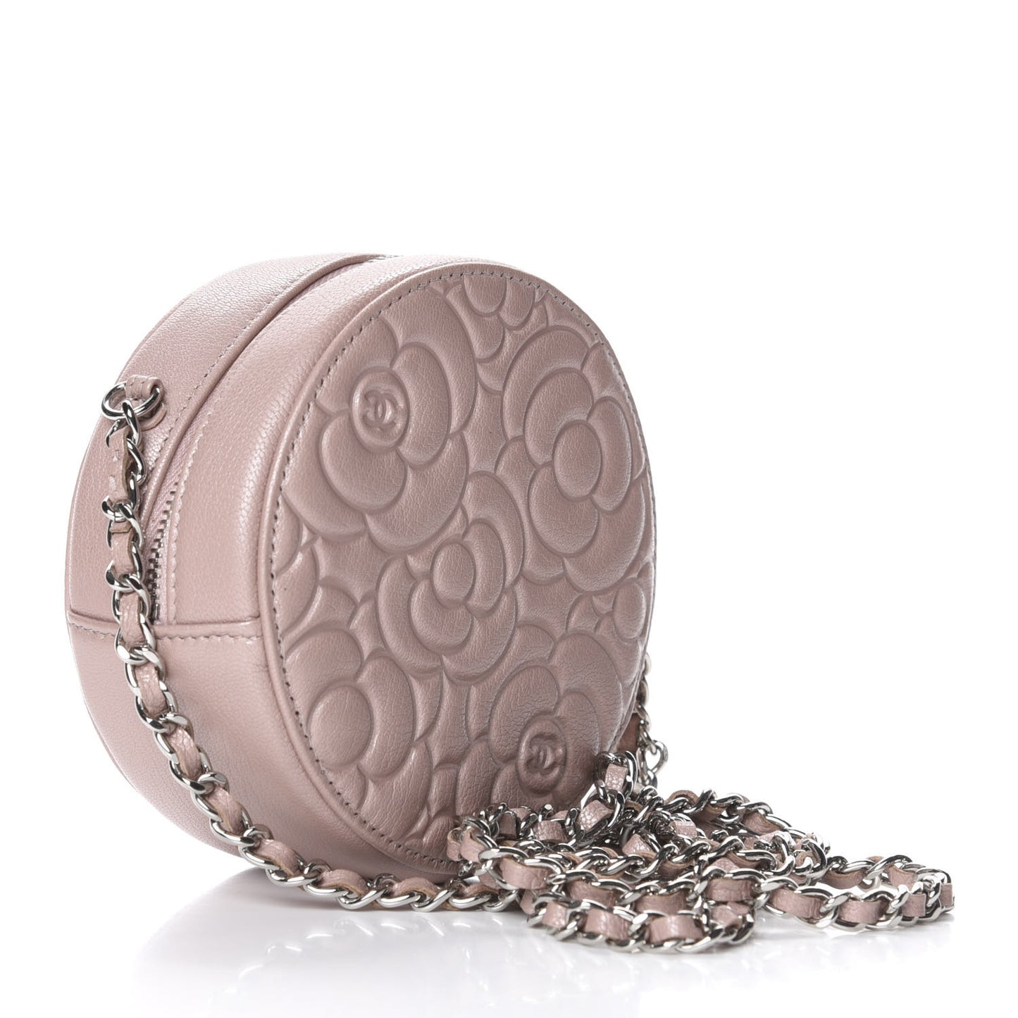 Lambskin Camellia Quilted Round Clutch With Chain Light Pink