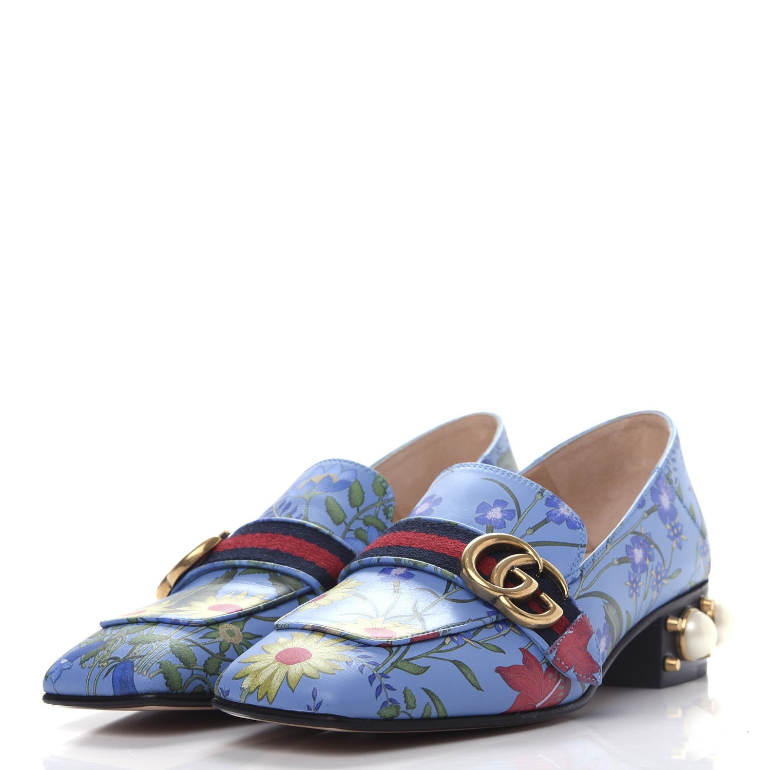 Gucci Apollo Calfskin Web Pearl New Flora Peyton 35mm Loafer Pumps 37.5 Azure 3 of 11