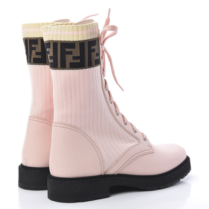 Fendi Calfskin Stretch Fabric Rockoko Biker Boots 38 Rose Clair Tobacco 4 of 8