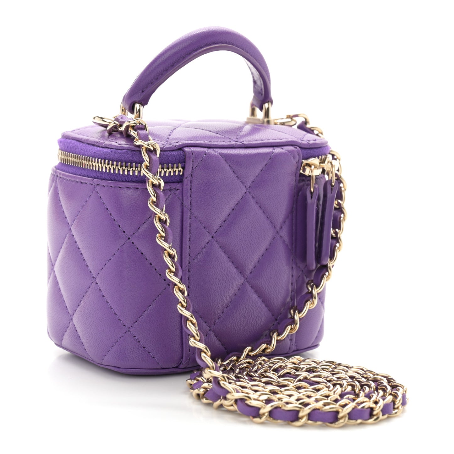 Lambskin Quilted Top Handle Mini Vanity Case With Chain Purple