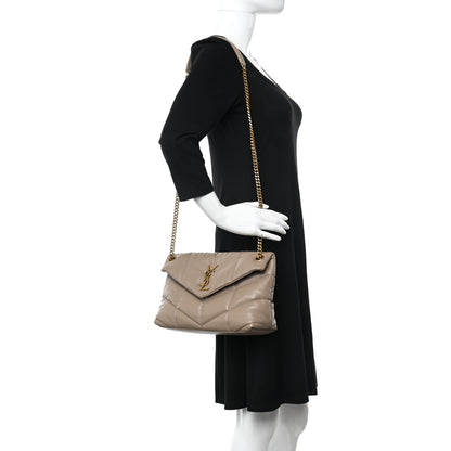 Saint Laurent Lambskin Quilted Small Loulou Puffer Monogram Chain Satchel Dark Beige 2 of 9